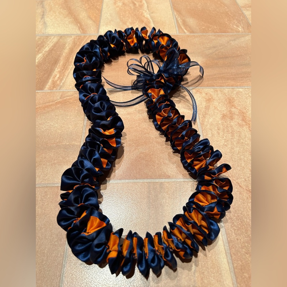 NWOT Graduation Lei Handmade Blue & Orange Plumeria Spiral Satin Ribbon Lei